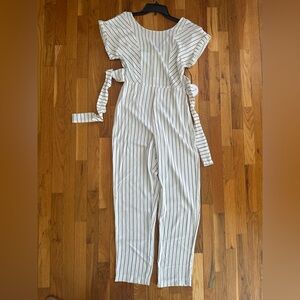 Striped White and Black Tie-Waist Jumpsuit